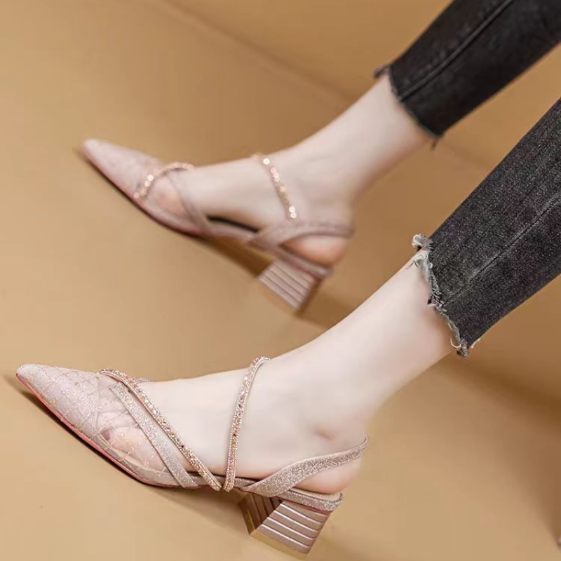 Rhinestone Sandal Women - French Style Rhinestone Mesh Pointed Toe