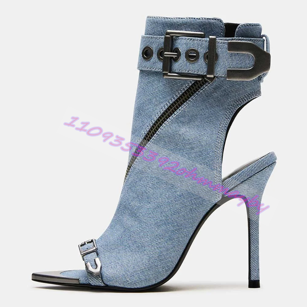 Women Shoes Zipper - Summer Blue Denim Pointed-Toe Boots For
