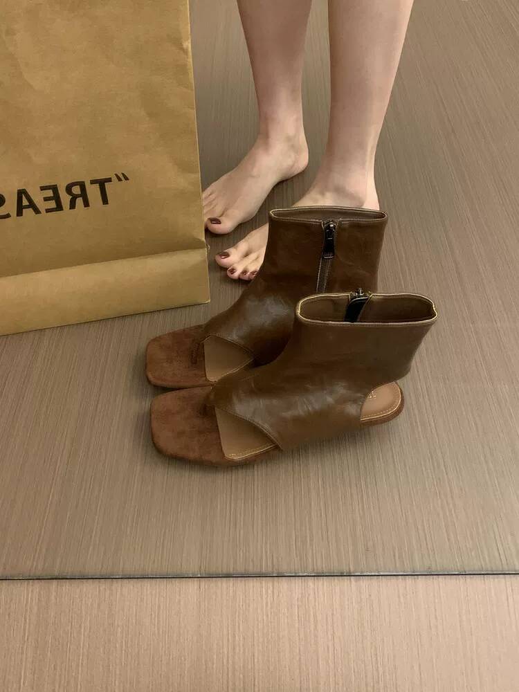 Women Shoes Zipper - 2026 French Retro Brown Short Ankle