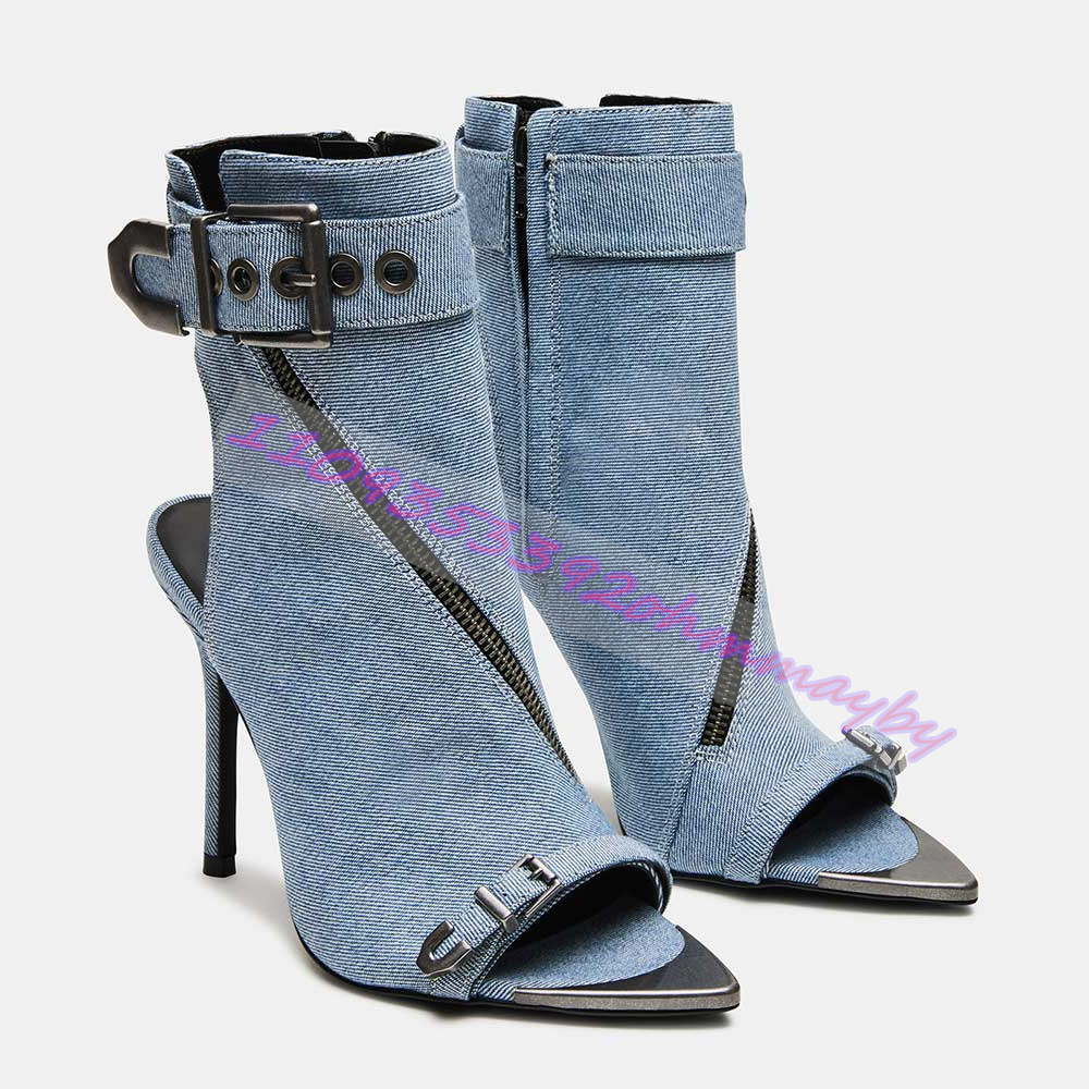 Summer Blue Denim Pointed-Toe  - Women Shoes Zipper 리뷰 및 가격