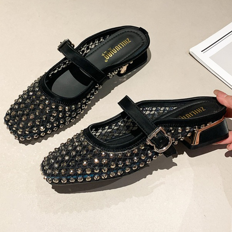 Mesh Rhinestone Chunky Heel Mu - Rhinestone Sandal Women 리뷰 및 가격