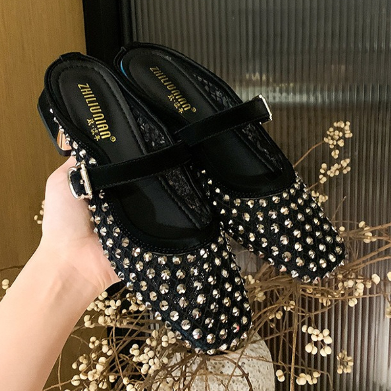 Mesh Rhinestone Chunky Heel Mu - Rhinestone Sandal Women 리뷰 및 가격
