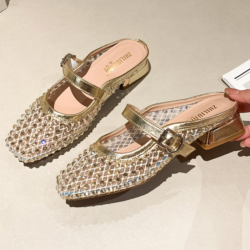 Mesh Rhinestone Chunky Heel Mu - Rhinestone Sandal Women 리뷰 및 가격