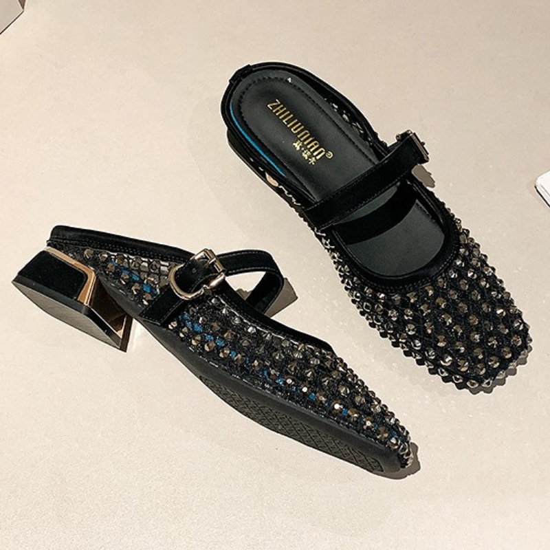 Mesh Rhinestone Chunky Heel Mu - Rhinestone Sandal Women 리뷰 및 가격
